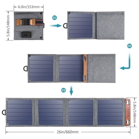 Ładowarka solarna do telefonu turystyczna z USB 14W rozkładana szara Ładowarka solarna do telefonu turystyczna z USB 14W rozkładana szara