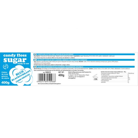 Kolorowy cukier do waty cukrowej niebieski o smaku czarnej porzeczki 400g Kolorowy cukier do waty cukrowej niebieski o smaku czarnej porzeczki 400g