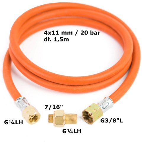 Podłączenie redukcja do butli gazowej turystycznej G 3/8" L - 7/16" wąż 1,5m Podłączenie redukcja do butli gazowej turystycznej G 3/8" L - 7/16" wąż 1,5m