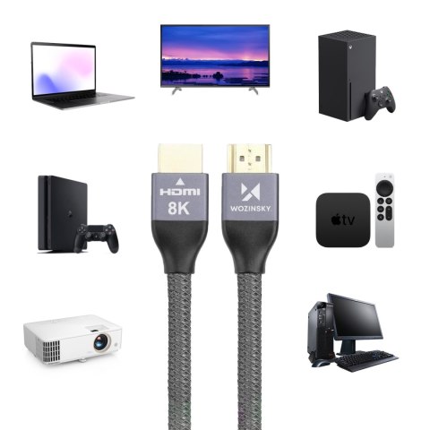 Kabel przewód HDMI 2.1 8K 60 Hz 48 Gbps 4K 120 Hz 2K 144 Hz 5 m srebrny Kabel przewód HDMI 2.1 8K 60 Hz 48 Gbps 4K 120 Hz 2K 144 Hz 5 m srebrny