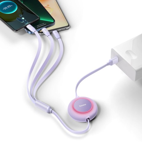 Zwijany kabel przewód 3w1 USB microUSB + Iphone Lightning + USB-C 66W 1.1m fioletowy Zwijany kabel przewód 3w1 USB microUSB + Iphone Lightning + USB-C 66W 1.1m fioletowy