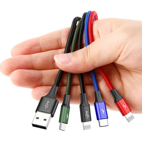 Kabel przewód USB 4w1 2 x Iphone Lightning USB-C microUSB w nylonowym oplocie 3.5A 1.2m czarny Kabel przewód USB 4w1 2 x Iphone Lightning USB-C microUSB w nylonowym oplocie 3.5A 1.2m czarny