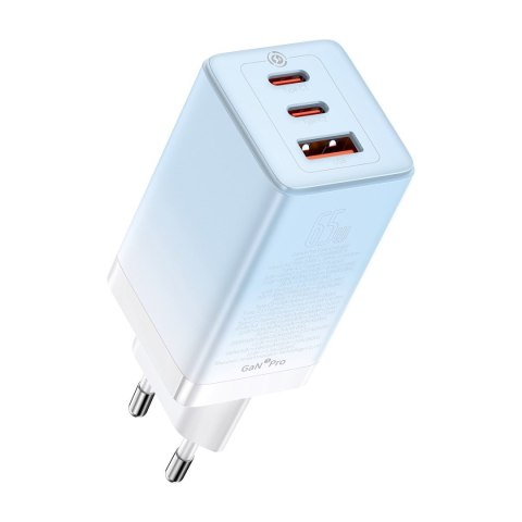 Szybka ładowarka sieciowa GaN 2x USB-C / USB 65W QC PD - niebieski Szybka ładowarka sieciowa GaN 2x USB-C / USB 65W QC PD - niebieski