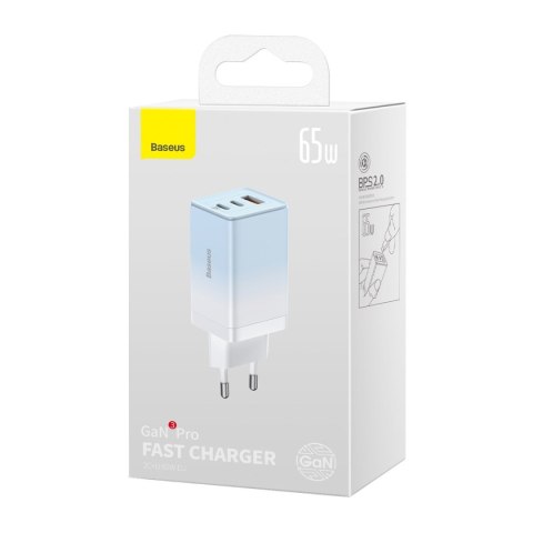 Szybka ładowarka sieciowa GaN 2x USB-C / USB 65W QC PD - niebieski Szybka ładowarka sieciowa GaN 2x USB-C / USB 65W QC PD - niebieski