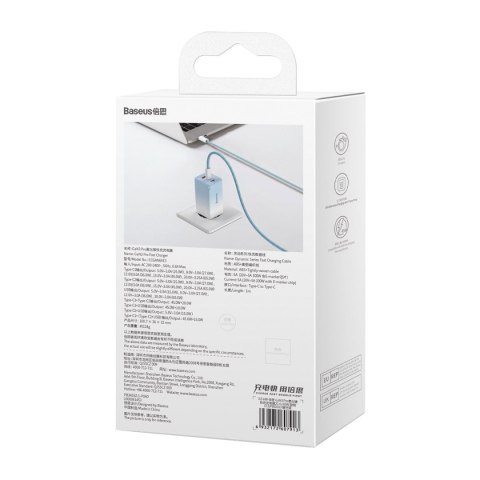 Szybka ładowarka sieciowa GaN 2x USB-C / USB 65W QC PD - niebieski Szybka ładowarka sieciowa GaN 2x USB-C / USB 65W QC PD - niebieski