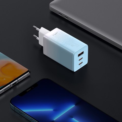 Szybka ładowarka sieciowa GaN 2x USB-C / USB 65W QC PD - niebieski Szybka ładowarka sieciowa GaN 2x USB-C / USB 65W QC PD - niebieski