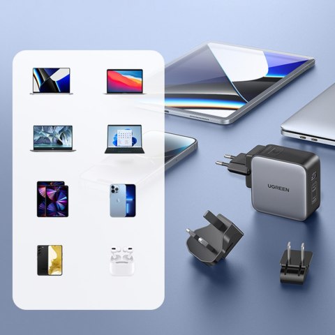 Uniwersalna ładowarka sieciowa GaN USB 2xUSB-C wtyczki EU / UK / US - czarna Uniwersalna ładowarka sieciowa GaN USB 2xUSB-C wtyczki EU / UK / US - czarna
