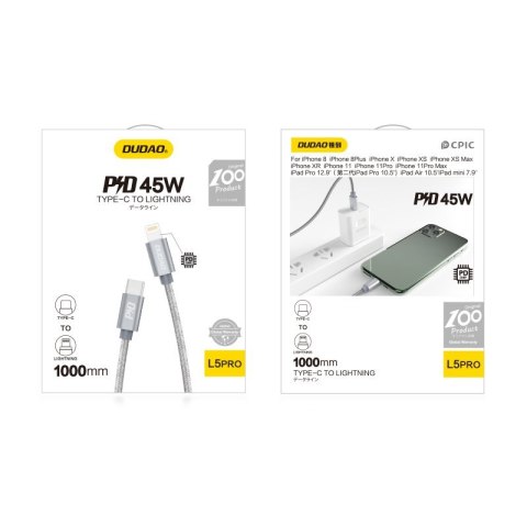 Wytrzymały kabel przewód do iPhone USB-C - Lightning Power Delivery 45W 1m szary Wytrzymały kabel przewód do iPhone USB-C - Lightning Power Delivery 45W 1m szary