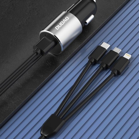 3w1 ładowarka samochodowa USB + wbudowany kabel Lightning USB-C micro USB czarny 3w1 ładowarka samochodowa USB + wbudowany kabel Lightning USB-C micro USB czarny