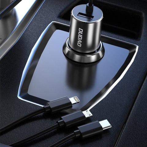 3w1 ładowarka samochodowa USB + wbudowany kabel Lightning USB-C micro USB czarny 3w1 ładowarka samochodowa USB + wbudowany kabel Lightning USB-C micro USB czarny