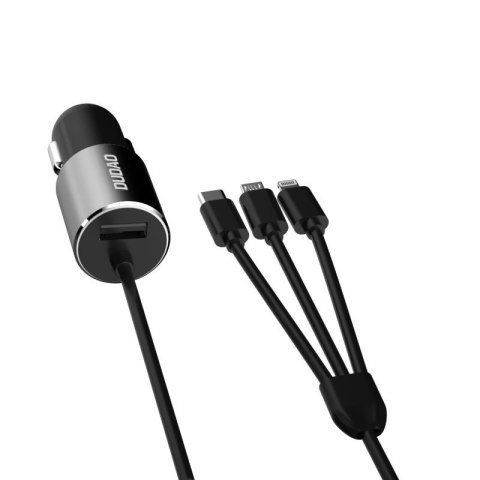 3w1 ładowarka samochodowa USB + wbudowany kabel Lightning USB-C micro USB czarny 3w1 ładowarka samochodowa USB + wbudowany kabel Lightning USB-C micro USB czarny