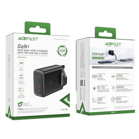 Ładowarka sieciowa angielska A32 GaN dwa porty USB-C PD 50W wtyczka UK czarny Ładowarka sieciowa angielska A32 GaN dwa porty USB-C PD 50W wtyczka UK czarny
