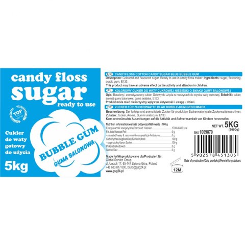 Kolorowy smakowy cukier do waty cukrowej niebieski o smaku gumy balonowej 5kg Kolorowy smakowy cukier do waty cukrowej niebieski o smaku gumy balonowej 5kg