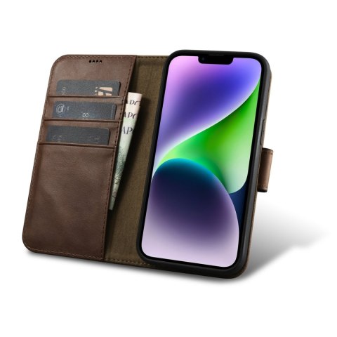 2w1 etui skórzany pokrowiec z klapką iPhone 14 Anti-RFID Oil Wax Wallet Case ciemno-brązowy 2w1 etui skórzany pokrowiec z klapką iPhone 14 Anti-RFID Oil Wax Wallet Case ciemno-brązowy
