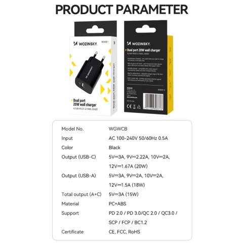 Ładowarka sieciowa 20W USB-A USB-C 100-240V czarna Ładowarka sieciowa 20W USB-A USB-C 100-240V czarna