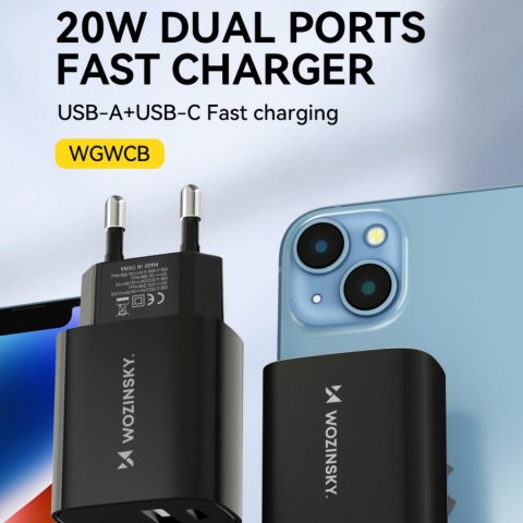 Ładowarka sieciowa 20W USB-A USB-C 100-240V czarna Ładowarka sieciowa 20W USB-A USB-C 100-240V czarna