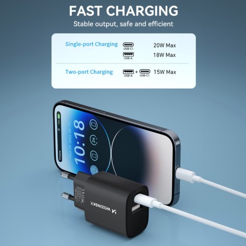 Ładowarka sieciowa 20W USB-A USB-C 100-240V czarna Ładowarka sieciowa 20W USB-A USB-C 100-240V czarna