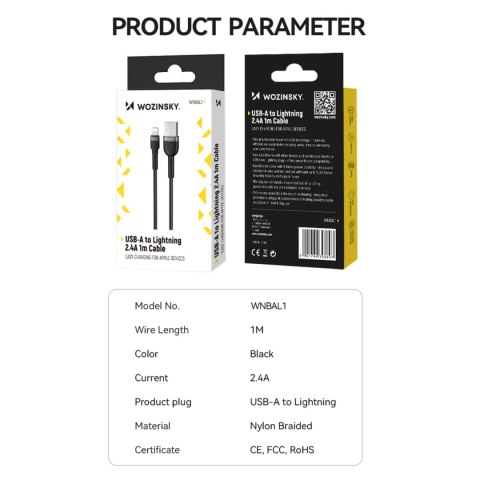 Kabel przewód do iPhone w oplocie USB-A - Lightning 2.4A 1m czarny Kabel przewód do iPhone w oplocie USB-A - Lightning 2.4A 1m czarny