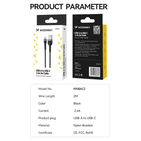 Kabel przewód w oplocie USB-A - USB-C 2.4A 1m czarny Kabel przewód w oplocie USB-A - USB-C 2.4A 1m czarny
