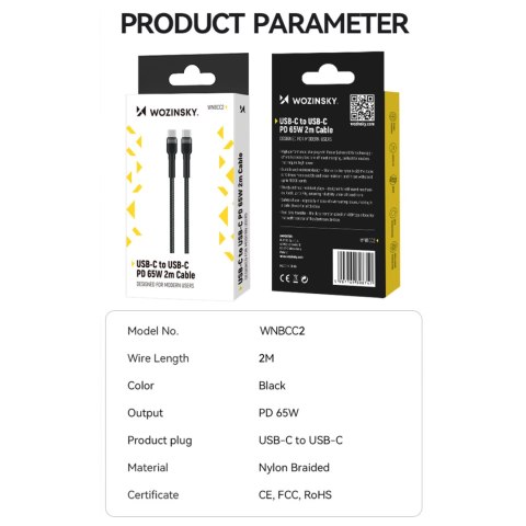 Kabel przewód w oplocie USB-C - USB-C PD 65W 2m czarny Kabel przewód w oplocie USB-C - USB-C PD 65W 2m czarny