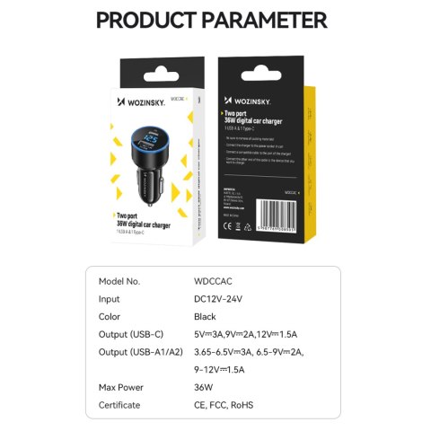 Ładowarka samochodowa do zapalniczki USB-C USB-A 36W czarna Ładowarka samochodowa do zapalniczki USB-C USB-A 36W czarna