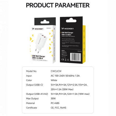 Ładowarka sieciowa 100-240V 30W USB-C 2x USB-A biała Ładowarka sieciowa 100-240V 30W USB-C 2x USB-A biała