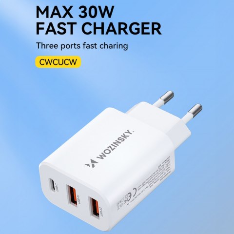 Ładowarka sieciowa 100-240V 30W USB-C 2x USB-A biała Ładowarka sieciowa 100-240V 30W USB-C 2x USB-A biała