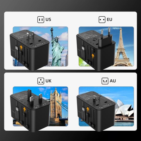 Adapter ładowarka podróżna 35W EU / US / AUS / UK z wbudowanym kablem USB-C - czarny Adapter ładowarka podróżna 35W EU / US / AUS / UK z wbudowanym kablem USB-C - czarny
