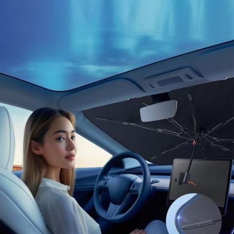Osłona parasolka przeciwsłoneczna do samochodu na przednią szybę CoolRide 142x75cm - czarna Osłona parasolka przeciwsłoneczna do samochodu na przednią szybę CoolRide 142x75cm - czarna