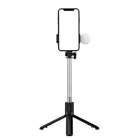 Selfie stick teleskopowy z pilotem + lampka LED stojak tripod na telefon 0.71m - czarny Selfie stick teleskopowy z pilotem + lampka LED stojak tripod na telefon 0.71m - czarny