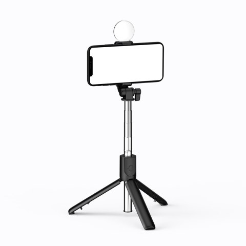 Selfie stick teleskopowy z pilotem + lampka LED stojak tripod na telefon 0.71m - czarny Selfie stick teleskopowy z pilotem + lampka LED stojak tripod na telefon 0.71m - czarny