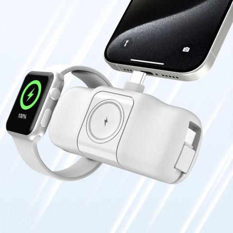 Mini powerbank 5000mAh 15W USB-C i ładowarką do Apple Watch - biały Mini powerbank 5000mAh 15W USB-C i ładowarką do Apple Watch - biały