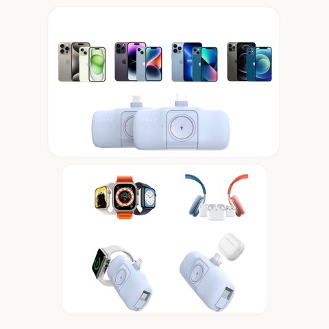 Mini powerbank 5000mAh 15W USB-C i ładowarką do Apple Watch - niebieski Mini powerbank 5000mAh 15W USB-C i ładowarką do Apple Watch - niebieski