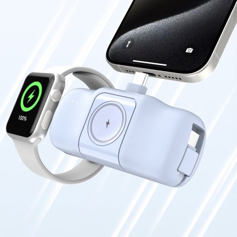 Mini powerbank 5000mAh 15W USB-C i ładowarką do Apple Watch - niebieski Mini powerbank 5000mAh 15W USB-C i ładowarką do Apple Watch - niebieski