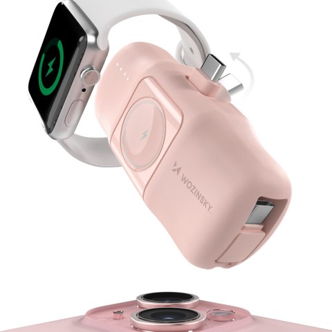Mini powerbank 5000mAh 15W USB-C i ładowarką do Apple Watch - różowy Mini powerbank 5000mAh 15W USB-C i ładowarką do Apple Watch - różowy