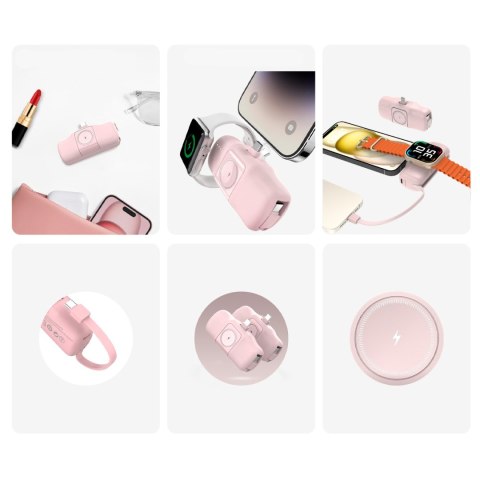 Mini powerbank 5000mAh 15W USB-C i ładowarką do Apple Watch - różowy Mini powerbank 5000mAh 15W USB-C i ładowarką do Apple Watch - różowy