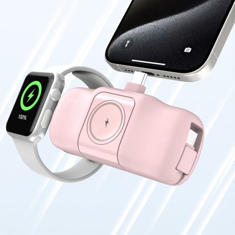 Mini powerbank 5000mAh 15W USB-C i ładowarką do Apple Watch - różowy Mini powerbank 5000mAh 15W USB-C i ładowarką do Apple Watch - różowy