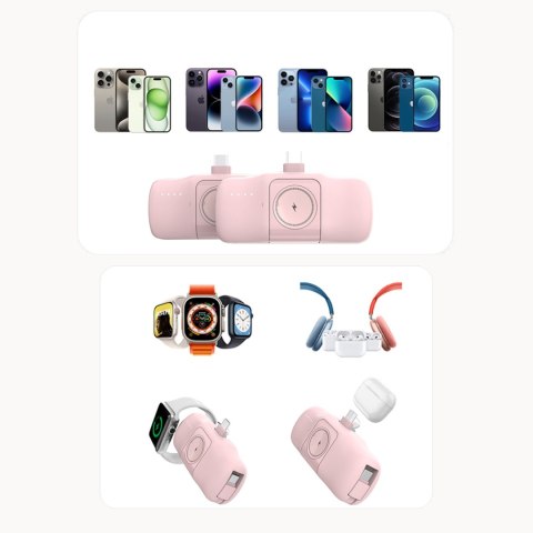 Mini powerbank 5000mAh 15W USB-C i ładowarką do Apple Watch - różowy Mini powerbank 5000mAh 15W USB-C i ładowarką do Apple Watch - różowy