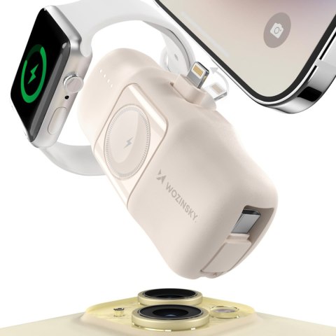 Mini powerbank 5000mAh 15W iPhone Lightning i ładowarką do Apple Watch - beżowy Mini powerbank 5000mAh 15W iPhone Lightning i ładowarką do Apple Watch - beżowy