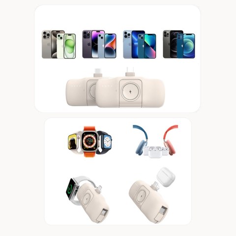 Mini powerbank 5000mAh 15W iPhone Lightning i ładowarką do Apple Watch - beżowy Mini powerbank 5000mAh 15W iPhone Lightning i ładowarką do Apple Watch - beżowy
