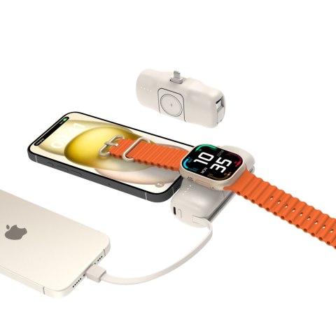 Mini powerbank 5000mAh 15W iPhone Lightning i ładowarką do Apple Watch - beżowy Mini powerbank 5000mAh 15W iPhone Lightning i ładowarką do Apple Watch - beżowy