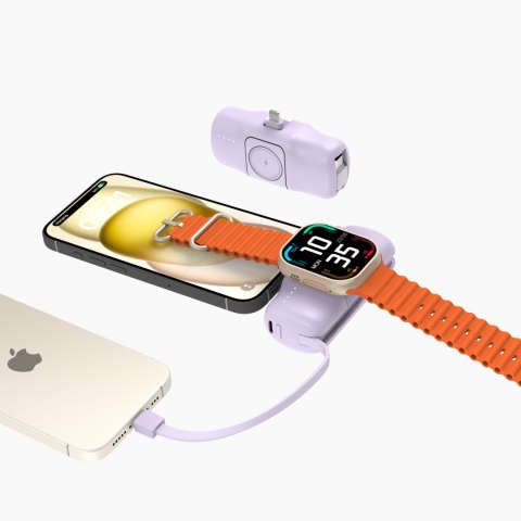 Mini powerbank 5000mAh 15W iPhone Lightning i ładowarką do Apple Watch - fioletowy Mini powerbank 5000mAh 15W iPhone Lightning i ładowarką do Apple Watch - fioletowy
