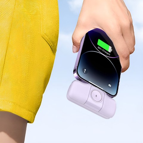 Mini powerbank 5000mAh 15W iPhone Lightning i ładowarką do Apple Watch - fioletowy Mini powerbank 5000mAh 15W iPhone Lightning i ładowarką do Apple Watch - fioletowy