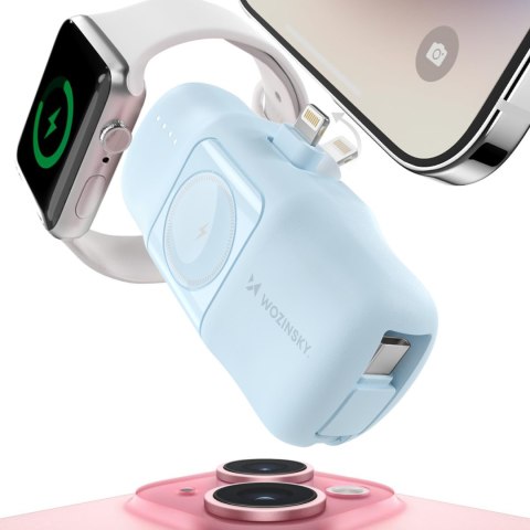 Mini powerbank 5000mAh 15W iPhone Lightning i ładowarką do Apple Watch - niebieski Mini powerbank 5000mAh 15W iPhone Lightning i ładowarką do Apple Watch - niebieski
