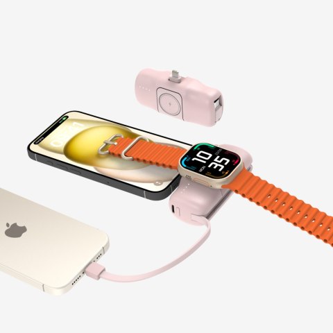Mini powerbank 5000mAh 15W iPhone Lightning i ładowarką do Apple Watch - różowy Mini powerbank 5000mAh 15W iPhone Lightning i ładowarką do Apple Watch - różowy