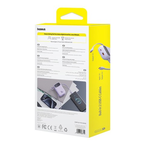 Power bank 10000mAh QPow 2 30W z wbudowanymi kablami USB-C - fioletowy Power bank 10000mAh QPow 2 30W z wbudowanymi kablami USB-C - fioletowy