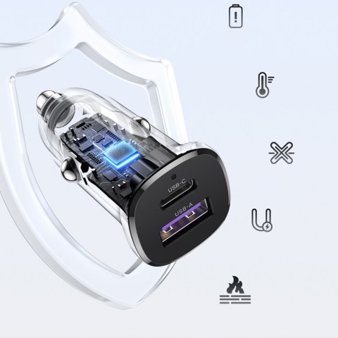 Ładowarka samochodowa USB-C USB-A 30W - czarna Ładowarka samochodowa USB-C USB-A 30W - czarna