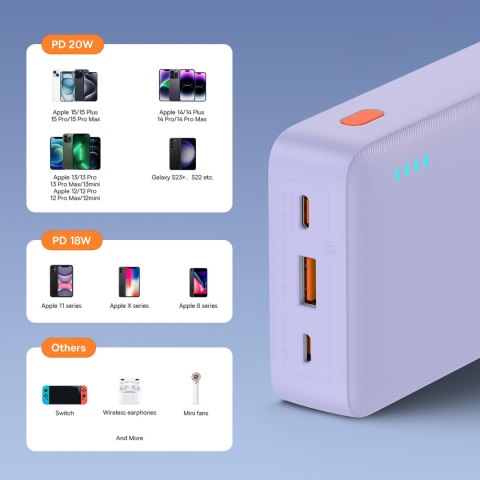Powerbank 20000mAh Airpow Fast Charge 20W z kablem USB USB-C 50cm - fioletowy Powerbank 20000mAh Airpow Fast Charge 20W z kablem USB USB-C 50cm - fioletowy