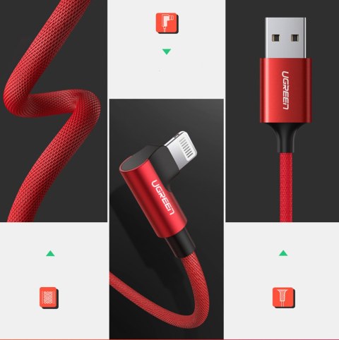 Kabel przewód kątowy iPhone Lightning - USB-A MFi 2.4A 1m - czerwony Kabel przewód kątowy iPhone Lightning - USB-A MFi 2.4A 1m - czerwony