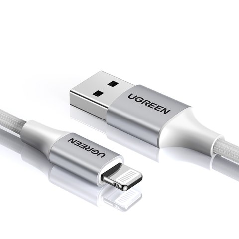 Kabel przewód w oplocie USB-A - iPhone Lightning MFi 2m - srebrny Kabel przewód w oplocie USB-A - iPhone Lightning MFi 2m - srebrny